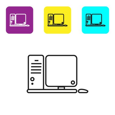 Klavye ve fare simgesine sahip siyah çizgi bilgisayar monitörü beyaz arkaplanda izole edildi. Bilgisayar bileşeni işareti. Renkli kare düğmeleri ayarlayın. Vektör İllüstrasyonu