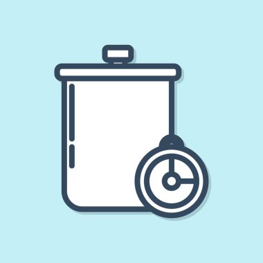 Mavi çizgi yemek pişirme kabı ve mutfak zamanlayıcısı ikonu mavi arka planda izole edildi. Haşlama ya da güveç besin sembolü. Vektör İllüstrasyonu