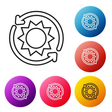 Siyah çizgi güneş enerjisi simgesi beyaz arkaplanda izole edildi. Yıldırım sembollü güneş. Renkli daire düğmelerini ayarlayın. Vektör İllüstrasyonu