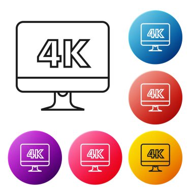 Siyah çizgi bilgisayar bilgisayar ekranı 4k video teknolojisi ikonu beyaz arkaplanda izole edildi. Renkli daire düğmelerini ayarlayın. Vektör İllüstrasyonu