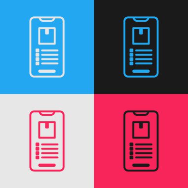 Uygulama dağıtım ikonu olan renkli mobil akıllı telefon renk arkaplanında izole edildi. Paket takibi. Klasik tarzda çizim. Vektör İllüstrasyonu