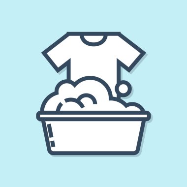 Mavi çizgi. Mavi arkaplanda sabun köpüğü ikonu olan plastik leğen. Sulu kase. Çamaşır yıkama, temizlik malzemeleri. Vektör İllüstrasyonu