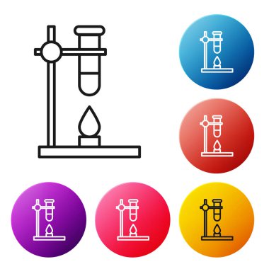 Siyah çizgi cam tüp deney tüpü beyaz arka planda izole edilmiş ateş ısıtıcı deney ikonu üzerinde. Laboratuvar ekipmanları. Renkli daire düğmelerini ayarlayın. Vektör İllüstrasyonu