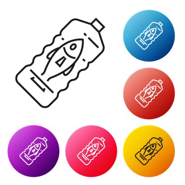 Siyah çizgi, beyaz arkaplanda izole edilmiş okyanus plastik kirliliği ikonunu durdur. Çevre koruma kavramı. Balıklar plastiğe hayır der. Renkli daire düğmelerini ayarlayın. Vektör İllüstrasyonu