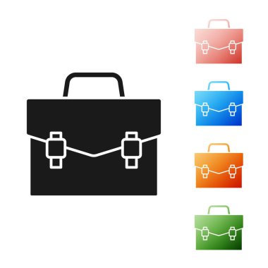 Beyaz arkaplanda siyah evrak çantası simgesi izole edildi. İş ilanı. İş portföyü. Simgeleri renklendirin. Vektör İllüstrasyonu