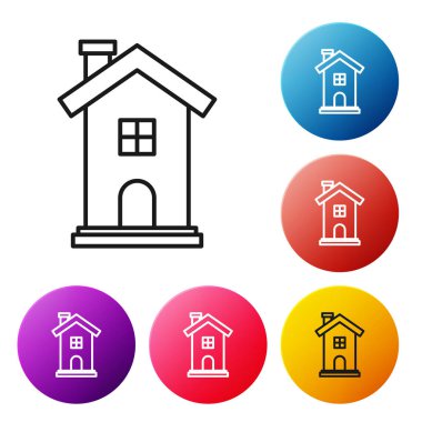 Beyaz arka planda siyah çizgi ev simgesi izole edildi. Ev sembolü. Renkli daire düğmelerini ayarlayın. Vektör İllüstrasyonu