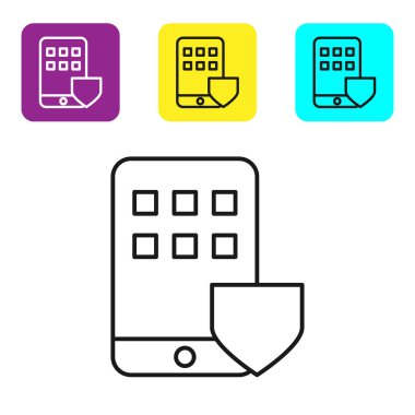 Beyaz zemin üzerinde kalkan simgesi olan siyah hat cep telefonu. Akıllı telefon sigortası. Güvenlik, güvenlik, koruma, konsept koruma. Renkli kare düğmeleri ayarlayın. Vektör İllüstrasyonu