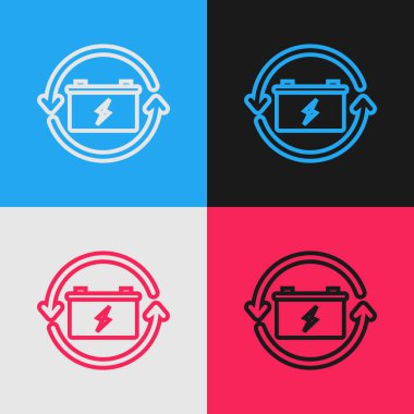 Renk arkaplanında izole edilmiş geri dönüşüm sembolü simgesi olan renk çizgisi pili. Geri dönüşüm sembollü pil - yenilenebilir enerji konsepti. Klasik tarzda çizim. Vektör İllüstrasyonu