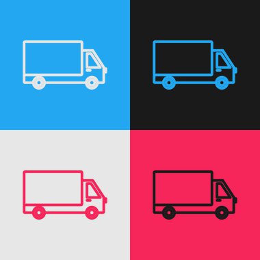 Renkli kargo kamyonu ikonu renk arkaplanında izole edildi. Klasik tarzda çizim. Vektör İllüstrasyonu