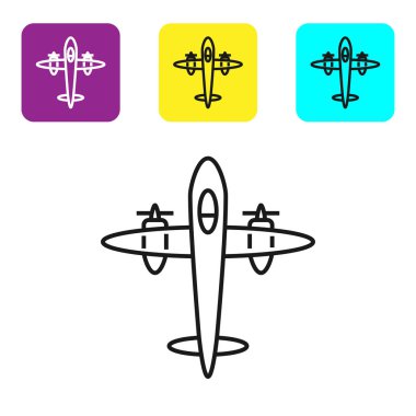 Siyah çizgi Eski antika uçak simgesi beyaz arkaplanda izole edildi. Uçan uçak ikonu. Uçak tabelası. Renkli kare düğmeleri ayarlayın. Vektör İllüstrasyonu