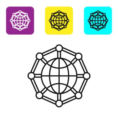 Siyah çizgi Global teknolojisi ya da sosyal ağ simgesi beyaz arkaplanda izole edildi. Renkli kare düğmeleri ayarlayın. Vektör İllüstrasyonu