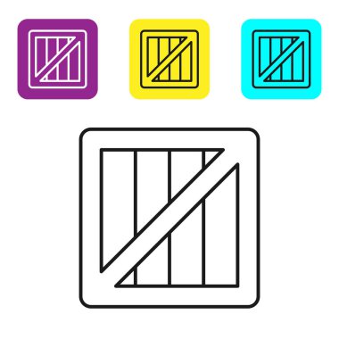 Beyaz arka planda izole edilmiş siyah çizgi askeri mühimmat kutusu ve mermi ikonu var. Renkli kare düğmeleri ayarlayın. Vektör İllüstrasyonu