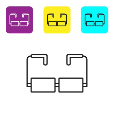 Siyah çizgi Gözlük simgesi beyaz arkaplanda izole edildi. Gözlük çerçevesi sembolü. Renkli kare düğmeleri ayarlayın. Vektör İllüstrasyonu