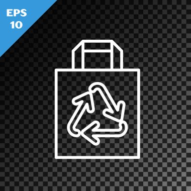 Geri dönüşüm simgesine sahip beyaz çizgi kâğıt alışveriş torbası şeffaf koyu arkaplanda izole edilmiş. Geri dönüşüm sembollü çanta. Vektör İllüstrasyonu