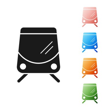 Siyah Tramvay ve demiryolu ikonu beyaz arka planda izole edildi. Toplu taşıma sembolü. Simgeleri renklendirin. Vektör İllüstrasyonu