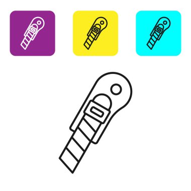 Beyaz arka planda siyah çizgi kırtasiye bıçağı simgesi izole edildi. Ofis kâğıt kesicisi. Renkli kare düğmeleri ayarlayın. Vektör İllüstrasyonu