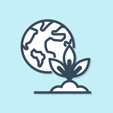 Mavi çizgi Dünya küresi ve bitki ikonu mavi arka planda izole edildi. Dünya ya da Dünya işareti. Geometrik şekiller. Çevresel konsept. Vektör İllüstrasyonu