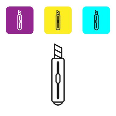 Beyaz arka planda siyah çizgi kırtasiye bıçağı simgesi izole edildi. Ofis kâğıt kesicisi. Renkli kare düğmeleri ayarlayın. Vektör İllüstrasyonu