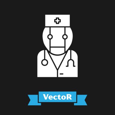 Beyaz Robot doktor simgesi siyah arkaplanda izole edildi. Tıbbi online danışmanlık robot silueti yapay zeka. Vektör İllüstrasyonu