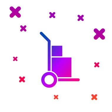 Renkli El kamyonu ve beyaz arka planda izole edilmiş kutu simgesi. Dolly sembolü. Kademeli rastgele dinamik şekiller. Vektör İllüstrasyonu