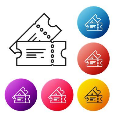 Siyah çizgi sinema bileti simgesi beyaz arkaplanda izole edildi. Renkli daire düğmelerini ayarlayın. Vektör İllüstrasyonu