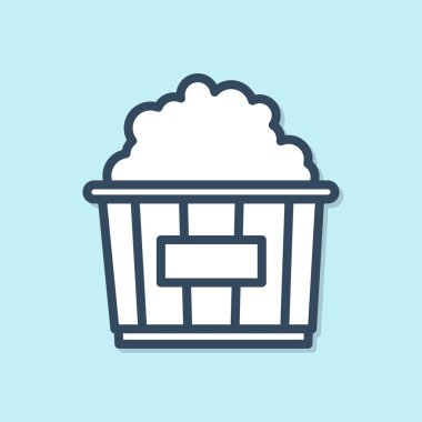 Mavi arka plan üzerinde izole karton kutu simgesi mavi çizgi Patlamış mısır. Patlamış mısır kova kutusu. Vektör İllüstrasyonu