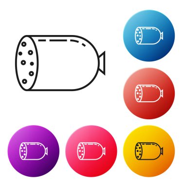 Beyaz arkaplanda siyah çizgili salam sosis simgesi var. Et şarküteri ürünü. Renkli daire düğmelerini ayarlayın. Vektör İllüstrasyonu