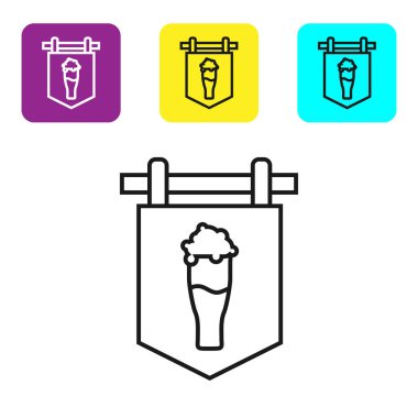 Beyaz arka planda izole edilmiş bira ikonu dolu siyah çizgi sokak tabelası. Reklamlar için uygun bar, kafe, bar, restoran. Renkli kare düğmeleri ayarlayın. Vektör İllüstrasyonu