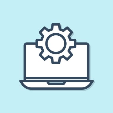 Mavi çizgi dizüstü bilgisayar ve vites simgesi mavi arkaplanda izole edildi. Laptop servis konsepti. Uygulama ayarlanıyor, seçenekler ayarlanıyor, bakım, onarım, onarım. Vektör İllüstrasyonu