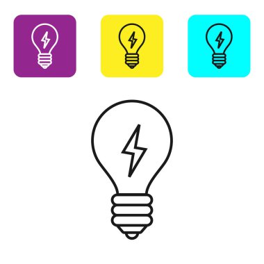 Siyah çizgi ampulü beyaz arkaplanda izole edilmiş yıldırım sembolü simgesi. Lamba ışığı. Fikir sembolü. Renkli kare düğmeleri ayarlayın. Vektör İllüstrasyonu