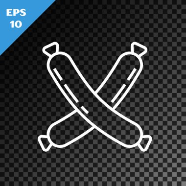 Beyaz çizgi geçmiş sosis simgesi şeffaf koyu arkaplanda izole edilmiş. Izgara sosis ve aroma işareti. Vektör İllüstrasyonu