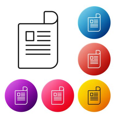 Beyaz arka planda yalıtılmış siyah çizgi Belge simgesi. Dosya simgesi. Denetim listesi simgesi. İş konsepti. Simgeleri renkli daire düğmeleri ayarlayın. Vektör İllüstrasyonu