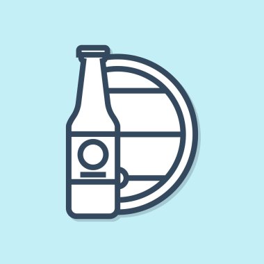 Mavi çizgi bira şişesi ve ahşap fıçı ikonu mavi arka planda izole edilmiş. Vektör İllüstrasyonu