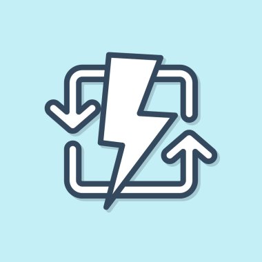 Mavi çizgi yeniden şarj etme simgesi mavi arkaplanda izole edildi. Elektrik enerjisi işareti. Vektör İllüstrasyonu