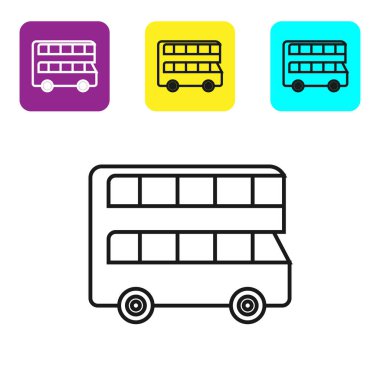 Siyah çizgi çift katlı otobüs simgesi beyaz arkaplanda izole edildi. Londra klasik yolcu otobüsü. Toplu taşıma sembolü. Renkli kare düğmeleri ayarlayın. Vektör İllüstrasyonu