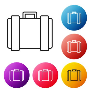 Beyaz arka planda izole edilmiş siyah çizgi askeri mühimmat kutusu ve mermi ikonu var. Renkli daire düğmelerini ayarlayın. Vektör İllüstrasyonu