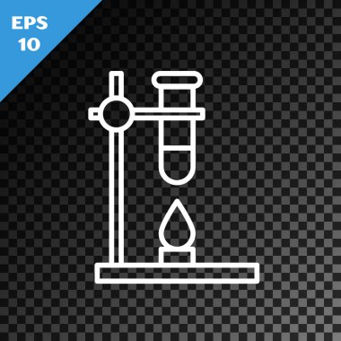 Beyaz çizgi cam tüp deney tüpü yangın ısıtıcısı üzerinde deney ikonu şeffaf karanlık arka planda izole. Laboratuvar ekipmanları. Vektör İllüstrasyonu