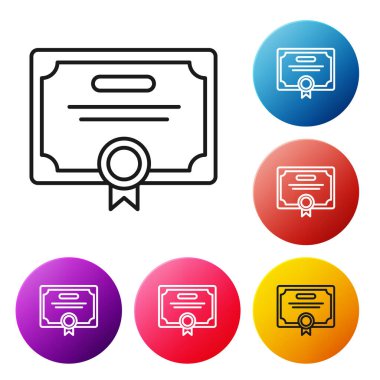 Beyaz arkaplanda siyah çizgi sertifika şablon simgesi izole edildi. Başarı, ödül, diploma, burs, diploma. İş başarısı sertifikası Renkli daire düğmelerini ayarlayın. Vektör İllüstrasyonu