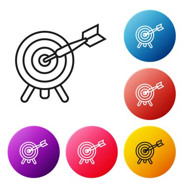Beyaz zemin üzerinde ok simgesi olan siyah çizgi hedefi. Dart tahtası işareti. Okçuluk tahtası simgesi. Dartboard işareti. İş hedefi kavramı. Renkli daire düğmelerini ayarlayın. Vektör İllüstrasyonu