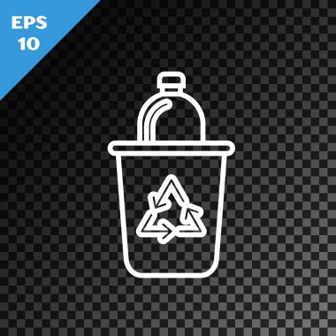 Geri dönüşüm sembolü simgesi olan beyaz çizgi geri dönüşüm kutusu şeffaf koyu arkaplanda izole edildi. Çöp kutusu simgesi. Çöp kutusu tabelası. Geri dönüşüm sepeti işareti. Vektör İllüstrasyonu
