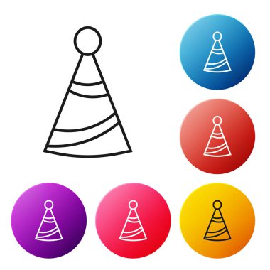 Siyah çizgi Parti şapka simgesi beyaz arka plan üzerinde izole. Doğum günü şapkası. Simgeleri renkli daire düğmeleri ayarlayın. Vektör İllüstrasyonu