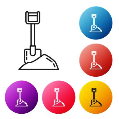 Zemin simgesi beyaz arka plan üzerinde izole siyah çizgi Kürek. Bahçıvanlık aleti. Bahçecilik, tarım, tarım için bir araç. Simgeleri renkli daire düğmeleri ayarlayın. Vektör İllüstrasyonu