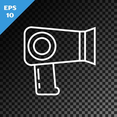 Beyaz çizgi saç kurutma ikonu, şeffaf koyu arkaplanda izole edilmiş. Saç kurutma makinesi tabelası. Saç kurutma sembolü. Sıcak hava üflüyor. Vektör İllüstrasyonu