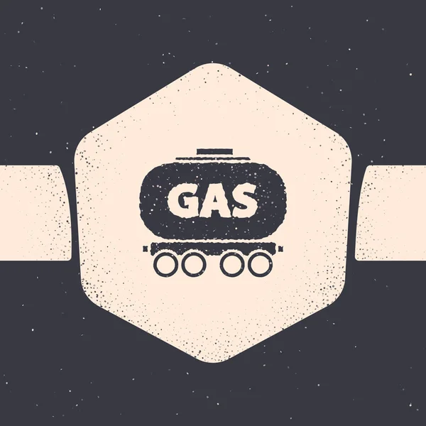 Grunge Gas icona cisterna ferroviaria isolato su sfondo grigio. Treno serbatoio di benzina su vagone ferroviario. Trasporto ferroviario di merci. Disegno monocromatico vintage. Illustrazione vettoriale — Vettoriale Stock