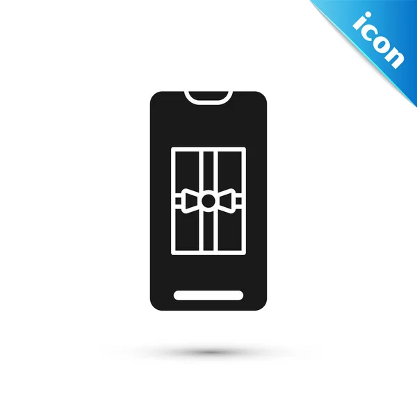 Smartphone negro con caja de regalo en el icono de la pantalla aislado sobre fondo blanco. Feliz Navidad y Feliz Año Nuevo. Ilustración vectorial — Vector de stock