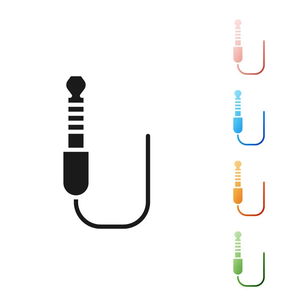Icono de jack de audio negro aislado sobre fondo blanco. Cable de audio para conexión de equipos de sonido. Alambre enchufable. Instrumento musical. Establecer iconos de colores. Ilustración vectorial — Archivo Imágenes Vectoriales