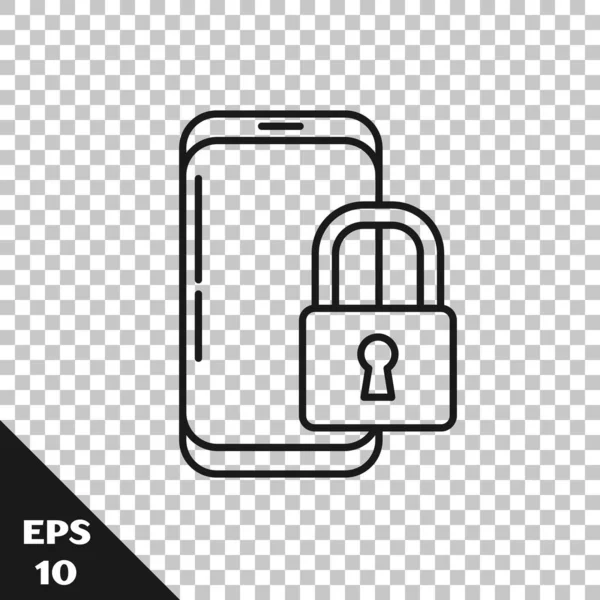 Black Line Smartphone Closed Padlock Icon Isolated Transparent Background Phone — Stock Vector