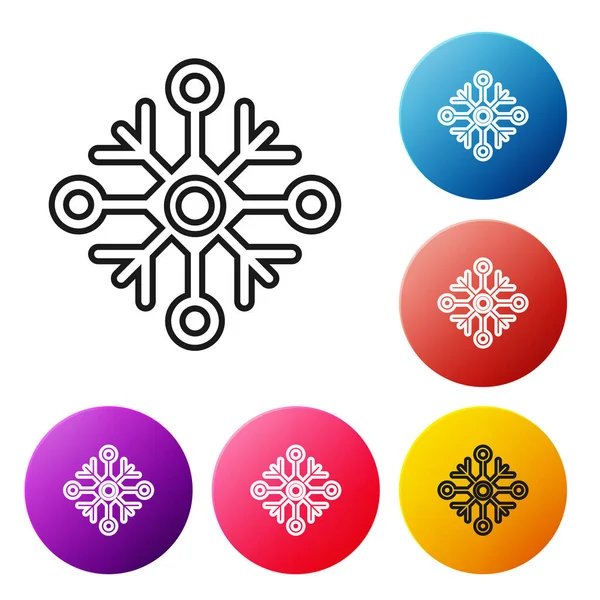 Schwarze Linie Schneeflocke Symbol isoliert auf weißem Hintergrund. setzen Symbole bunte Kreis-Tasten. Vektorillustration — Stockvektor