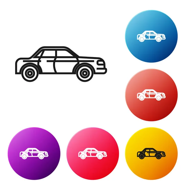 Black Line Sedan Car Icon Isolated White Background Set Icons — ストックベクタ