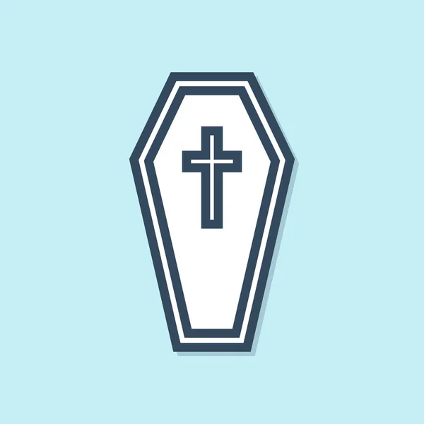 Blue Line Coffin Christian Cross Icon Isolated Blue Background Happy — Stock Vector
